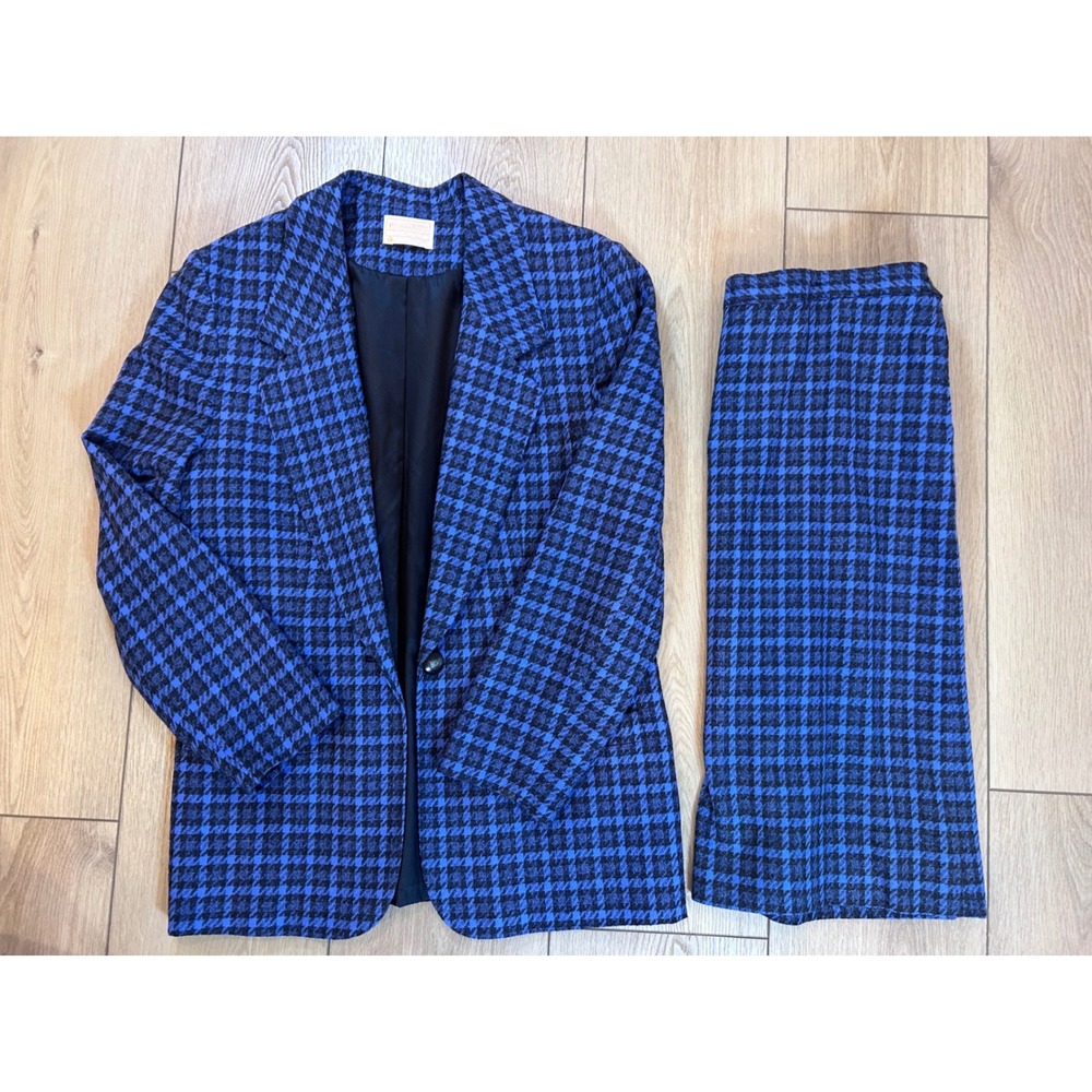 Pendleton Wool 80s Blazer Skirt Suit Set Blue Black Size 12 Tall Vintage